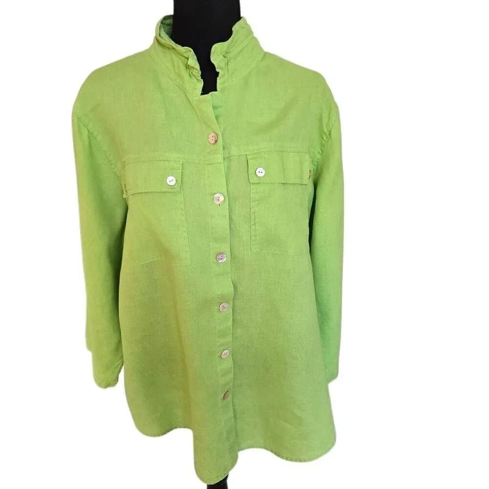 John Mark Womens Roll Tab Sleeve 100% Linen Button-up Shirt Blouse Green Large